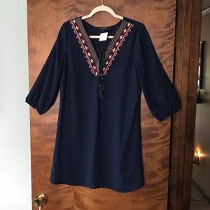 AS U WISH Navy Embroidered Boho Tassel Dress L